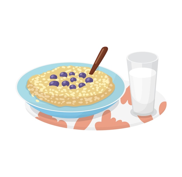 Bowl oatmeal blueberries spoon glass milk side Healthy breakfast cereal concept Nutrition