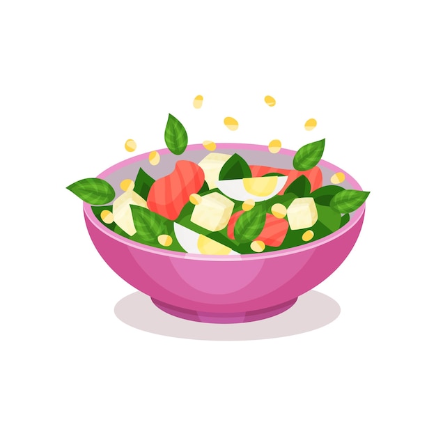 Чаша салата с лососем из шпината и яйцом здоровое питание концепция вектор иллюстрация на белом фоне
