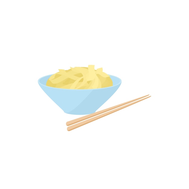 Чаша риса с иконой палочек для еды в мультяшном стиле на белом фоне