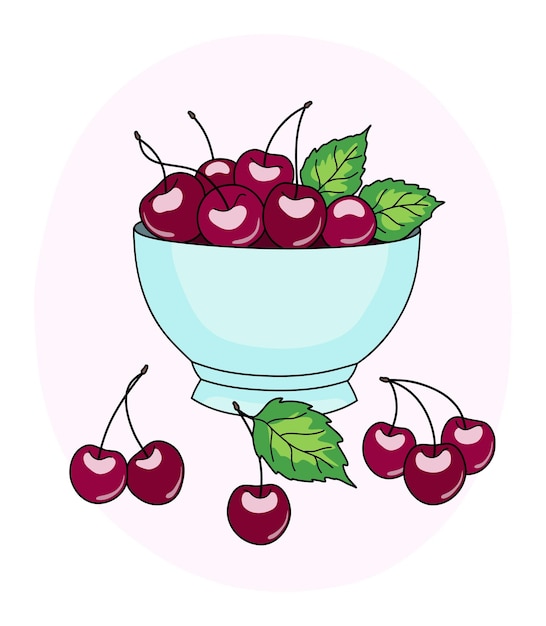 A bowl of ripe cherries with leaves