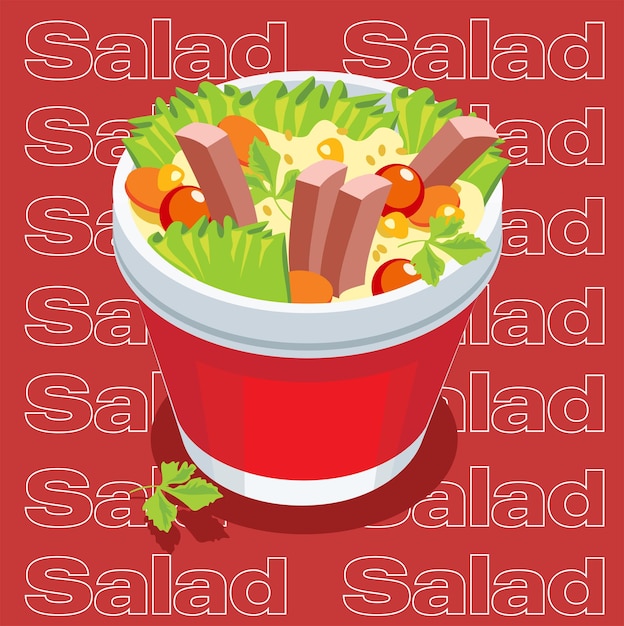 A bowl of salad with a red background and the words salad on the bottom.