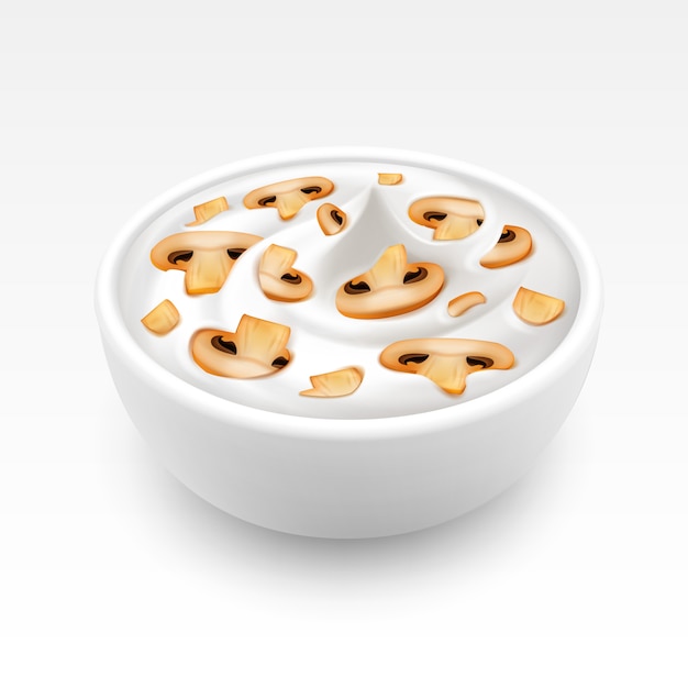 Vector bowl of sauce mayonnaise with sliced champignons