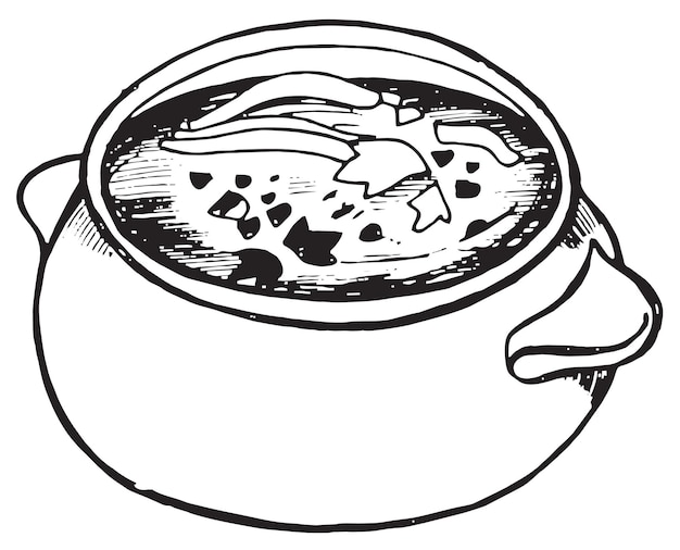 Vector bowl of soup food hand draw sketch black and white illustration