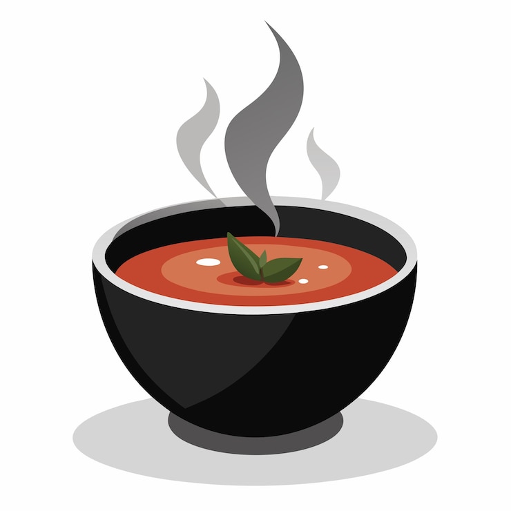 Vector a bowl of soup with a green leaf on the side