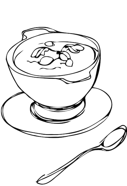 Bowl of soup with herbs and spoon lying next