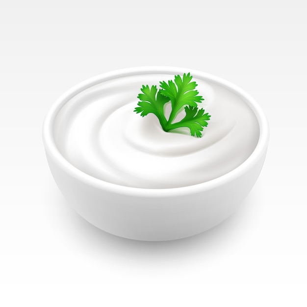 Vector bowl of sour cream sauce mayonnaise with parsley