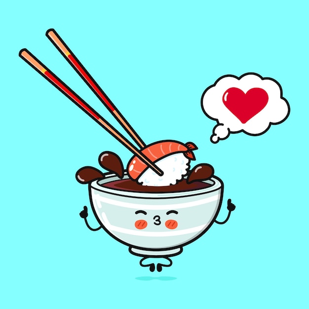 Bowl of soy sauce doing yoga with speech bubble Vector hand drawn cartoon kawaii character illustration icon Isolated on blue background Bowl of soy sauce in love character concept