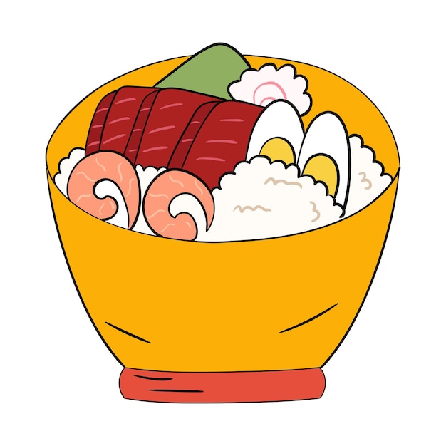 Чаша риса с креветками из тунца и векторной иллюстрацией яиц