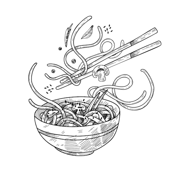 ベクトル 中華麺と箸のグラフィック イラスト ボウル