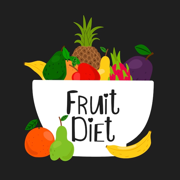 Bowl with fruits  on black background.  fruits illustration