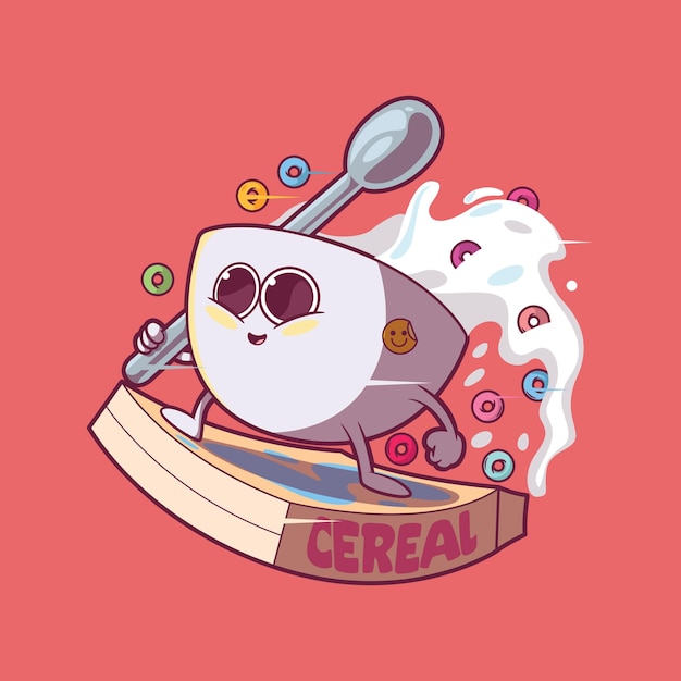 Vector bowl with milk surfing a cereal box vector illustration food energy funny design concept