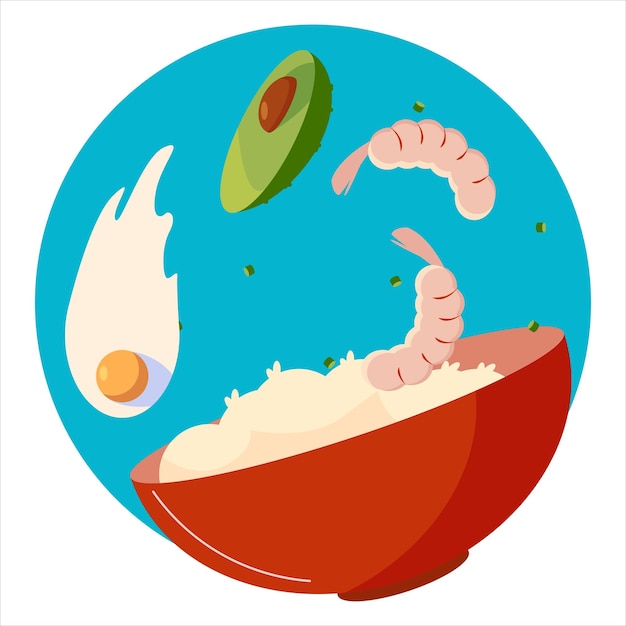 bowl with rice, shrimp, avocado, egg, vector illustration