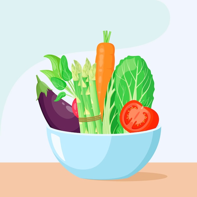 Bowl with ripe vegetables. Healthy nutrition. Cartoon design.