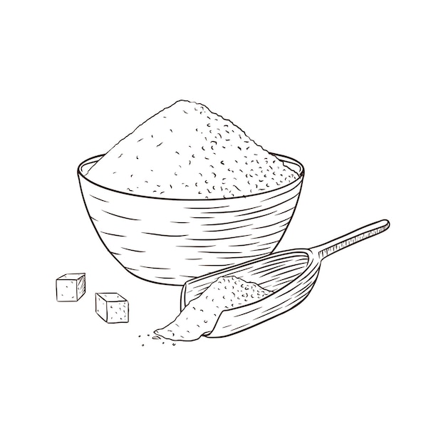 Vector bowl and wooden scoop with sugar. engraved illustration. line art. hand drawn bowl with white grains for logo, recipe, print, sticker, bakery menu design and decoration