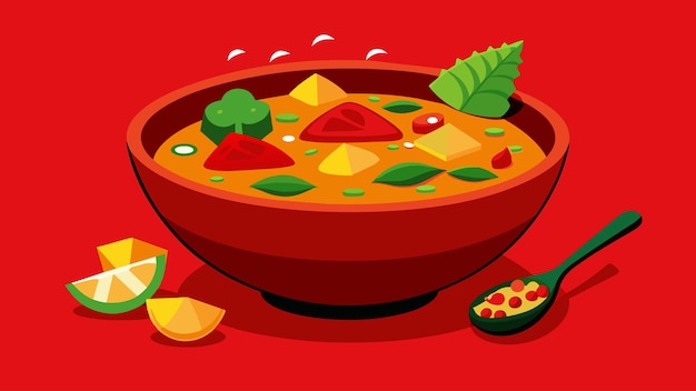 Vector a bowl of y red pepper soup filled with vegetables and chunks of meat representing the determination