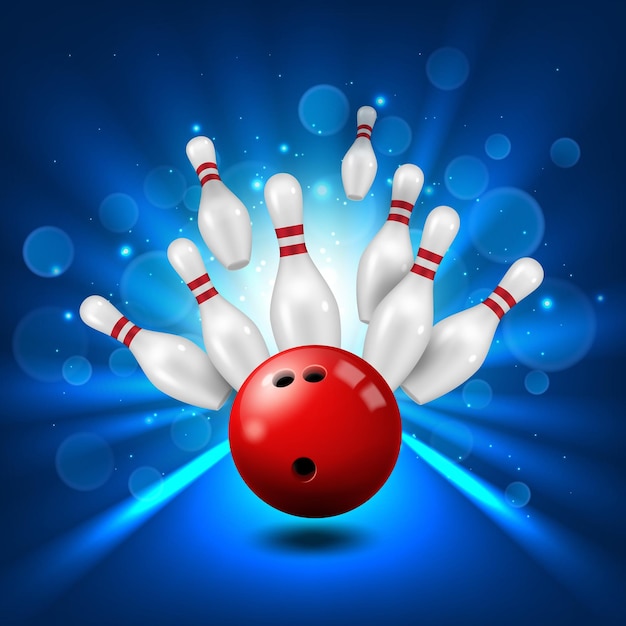 Bowling alley skittles and ball in ninepin strike