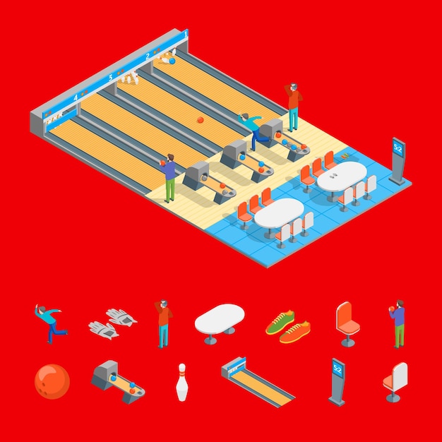 Bowling alley throwing strike and elements 3d isometric view sport game or leisure hobby concept vector illustration of competition tournament