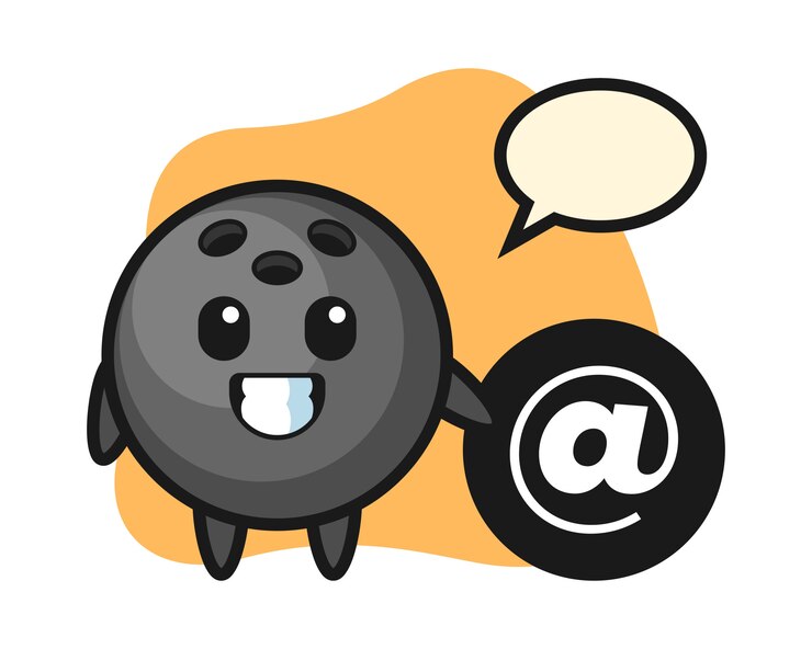 Vector bowling ball cartoon standing beside the at symbol