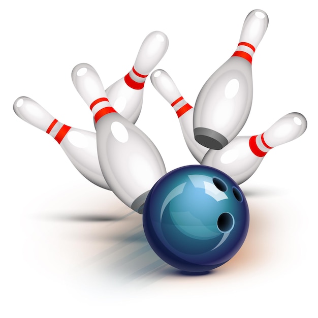 Vettore palla da bowling che si schianta contro i birilli