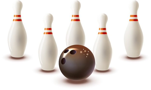 Vettore bola da bowling e spilli isolati su sfondo bianco