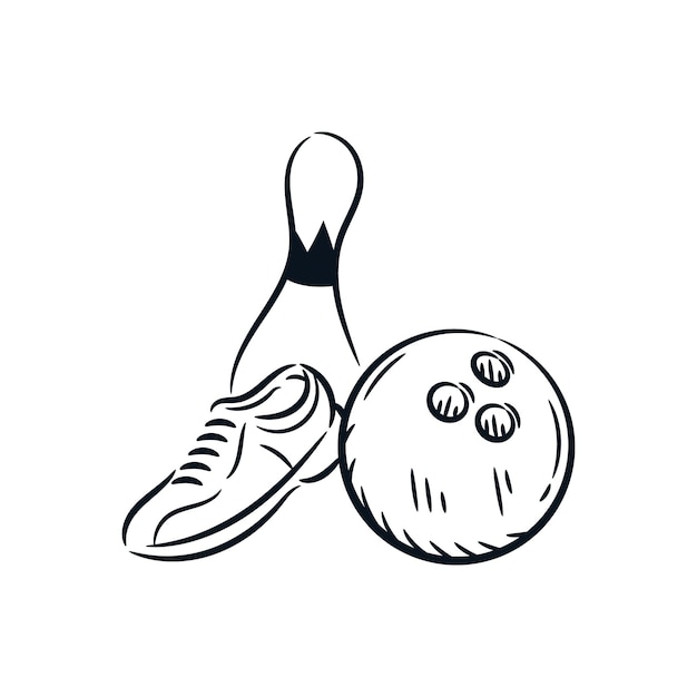 Vector bowling ball shoes and pin hand drawn line illustration vintage icon logo