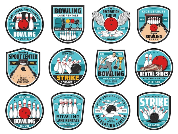 Premium Vector | Bowling club icons skittles and ball on alley