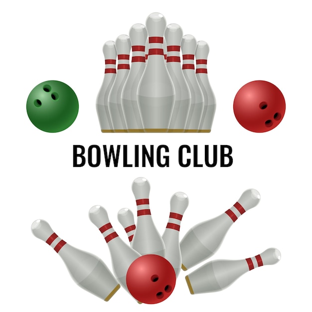 Bowling club logo ontwerp van apparatuur om te spelen. vectorillustratie van pinnen en bal tijdens staking, kegelen in rauw op wit wordt geïsoleerd