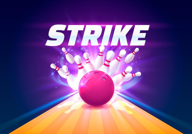 Vector bowling club poster strike with the bright background. vector illustration