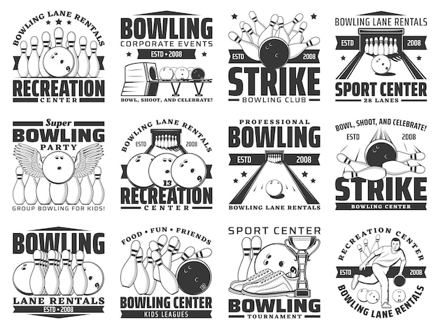 Bowling club sport recreation game center icons