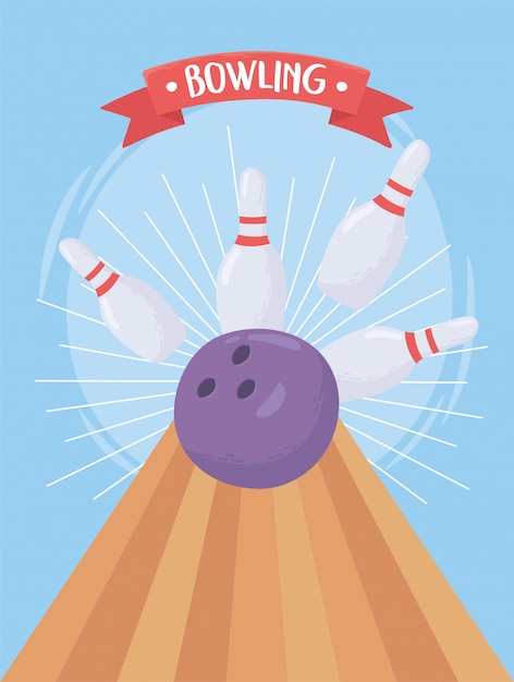 Bowling crashing ball pin game recreational sport flat design vector illustration