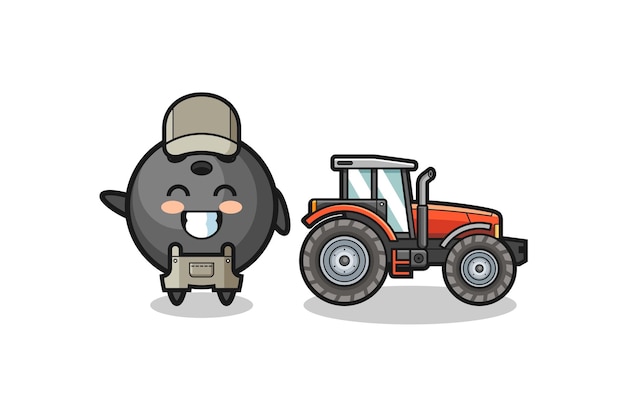 The bowling farmer mascot standing beside a tractor