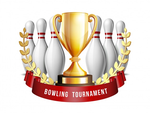 Bowling game award. bowling ball with and white bowling pin and golden cup. modern tournament.  element for sport promotion booklet or bowling competition league flyer.