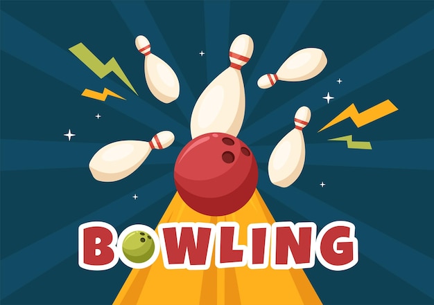 Gioco di bowling disegnato a mano cartoon piatto sfondo design illustrazione con perni, palle e tabelloni segnapunti