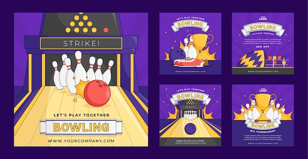 Vector bowling game  instagram posts template