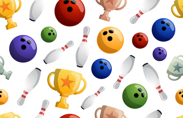 Bowling game seamless pattern   illustration. Ball crashing into the pins, getting strike. Bowling tournament. Winner of championship. Victory cups