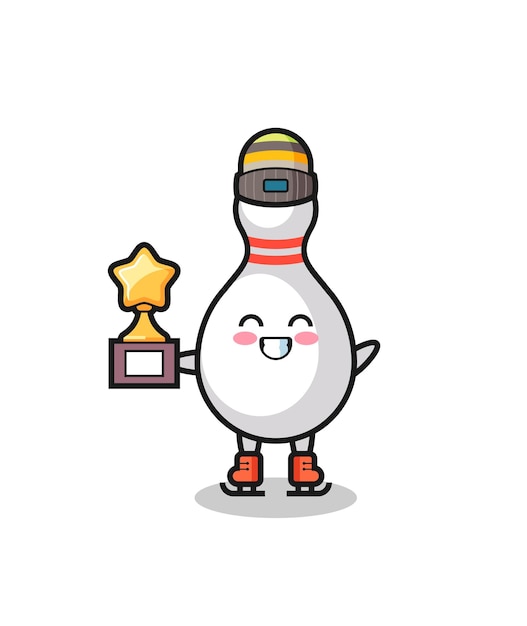 Bowling pin cartoon as an ice skating player hold winner trophy , cute style design for t shirt, sticker, logo element