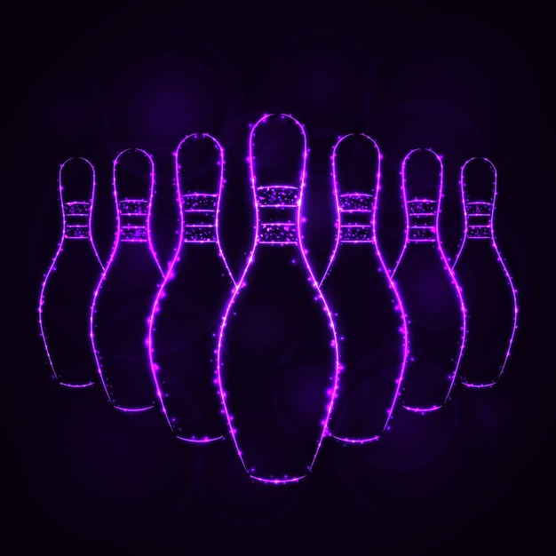 Vector bowling pins illustration icon violet color lights silhouette on dark background glowing lines and points