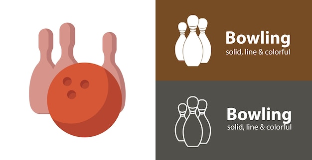 Bowling pins with ball isolated vector flat icon with sport solid line icons