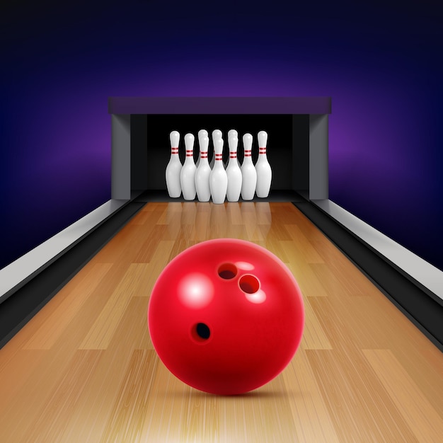 Bowling realistische compositie met rode bal staking en een heleboel pinnen illustratie