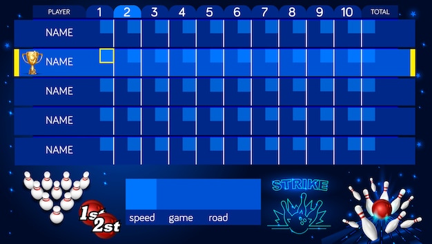 Vettore modello di foglio di punteggio di bowling. banner formato tv