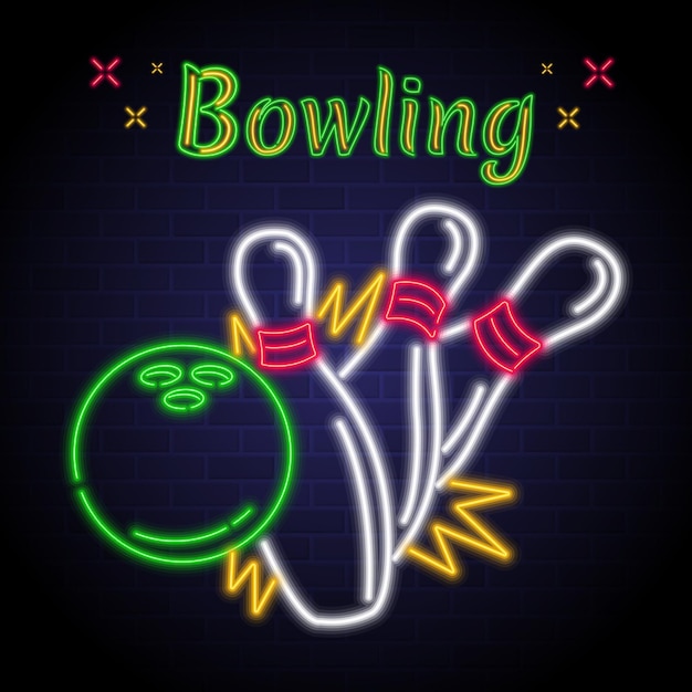 Bowling sign with neon light style glowing element