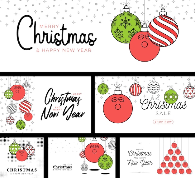 Bowling sport christmas card set in trendy line style Merry Christmas sport flat greeting card Hang on a thread bowling ball as a xmas ball Sport Vector illustration collection