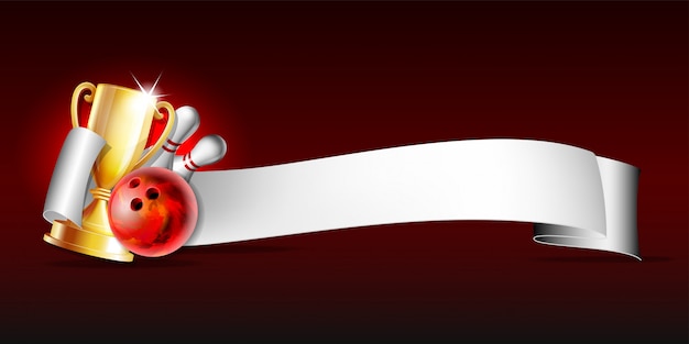 Спортивная эмблема для боулинга с кубком, красным глянцевым мячом, кеглями и белой лентой для надписей. Шаблон для плаката спортивных соревнований или турниров. иллюстрация