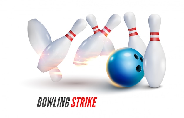 Bowling strike realistic illustration background. Fire bowl game leisure concept