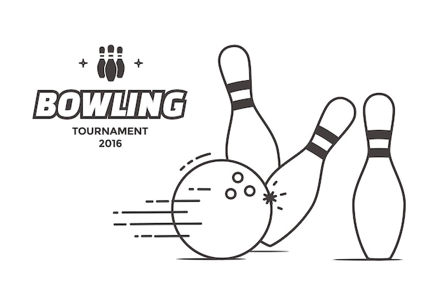 Bowling toernooi poster. Vector lineaire stijl illustratie bowlingbal en pinnen.