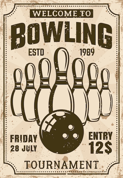 Manifesto del torneo di bowling in illustrazione vintage con texture grunge e testo di esempio su livelli separati