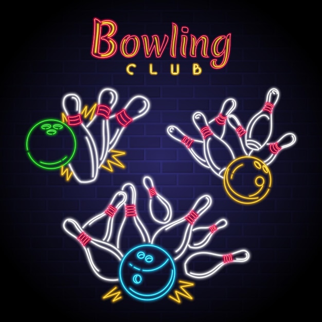 Bowlingclub-symboolset met heldere omtrek in neonstijl