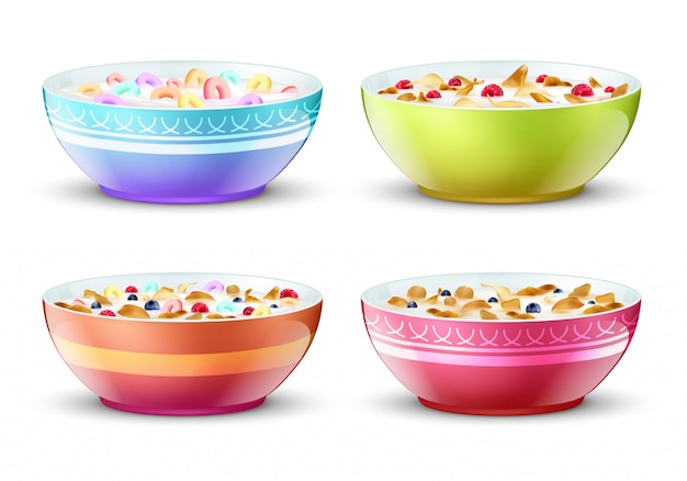 Bowls of breakfast with different milk cereal snacks.  set