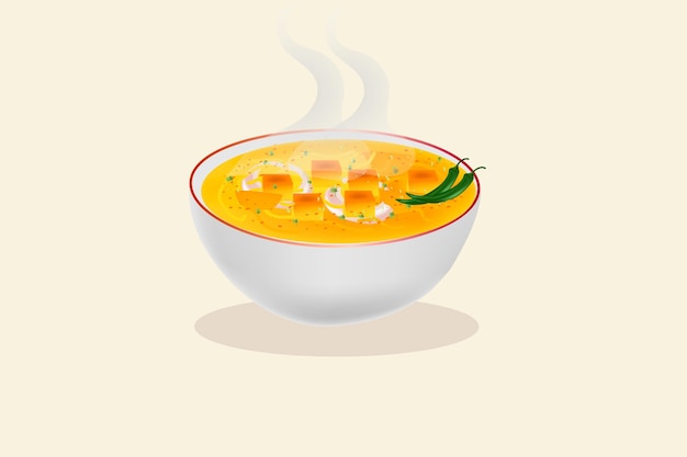 ベクトル 青唐辛子とポテトの入ったスモーキーな温かいスープのボウル