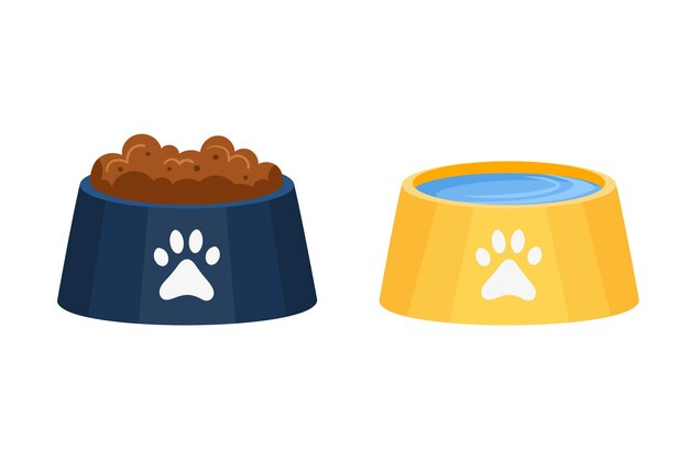 Bowls with food and water for dog and cat